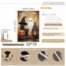 1pc Canvas Wall Art With Frame, Vintage Halloween Theme, Black Cat, Witch Hat, Cute Ghost, Pumpkin Lantern, Glowing Lantern Pattern, Country Style Oil Painting, Pastoral Dark Academia Aesthetic, Suitable For Modern Home Decor, Room Decoration - Black Cat Ghost - View 17