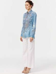 Rich Radi Q's Elegant Women's Long Sleeve Blouse With Contrast Lace And Hollow-Out Details, Blue Regular Hem Shirt Collar Top - Blue - View 5
