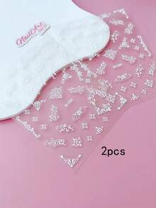 2pcs 3D/5D Embossed Relief Nail Stickers, Nails, DIY Decorations, Featuring White Baroque Lace Vine And Scroll Floral Patterns, Perfect For Creating Baroque Retro Court Style, European Relief Light Luxury Style, And French Lace Bridal Manicure Art - Multicolor - View 3