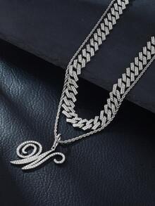1pc Elegant Shiny Cursive Letter Pendant Necklace, Designed For Men, Combines Fashion And Luxury, Suitable For Parties, Banquets, Holiday Celebrations, Christmas And Other Occasions, Also Can Be Worn As Daily Wear Gift Jewelry, Versatile And Tasteful - Double-layered Hip-hop Letter Necklace - View 11