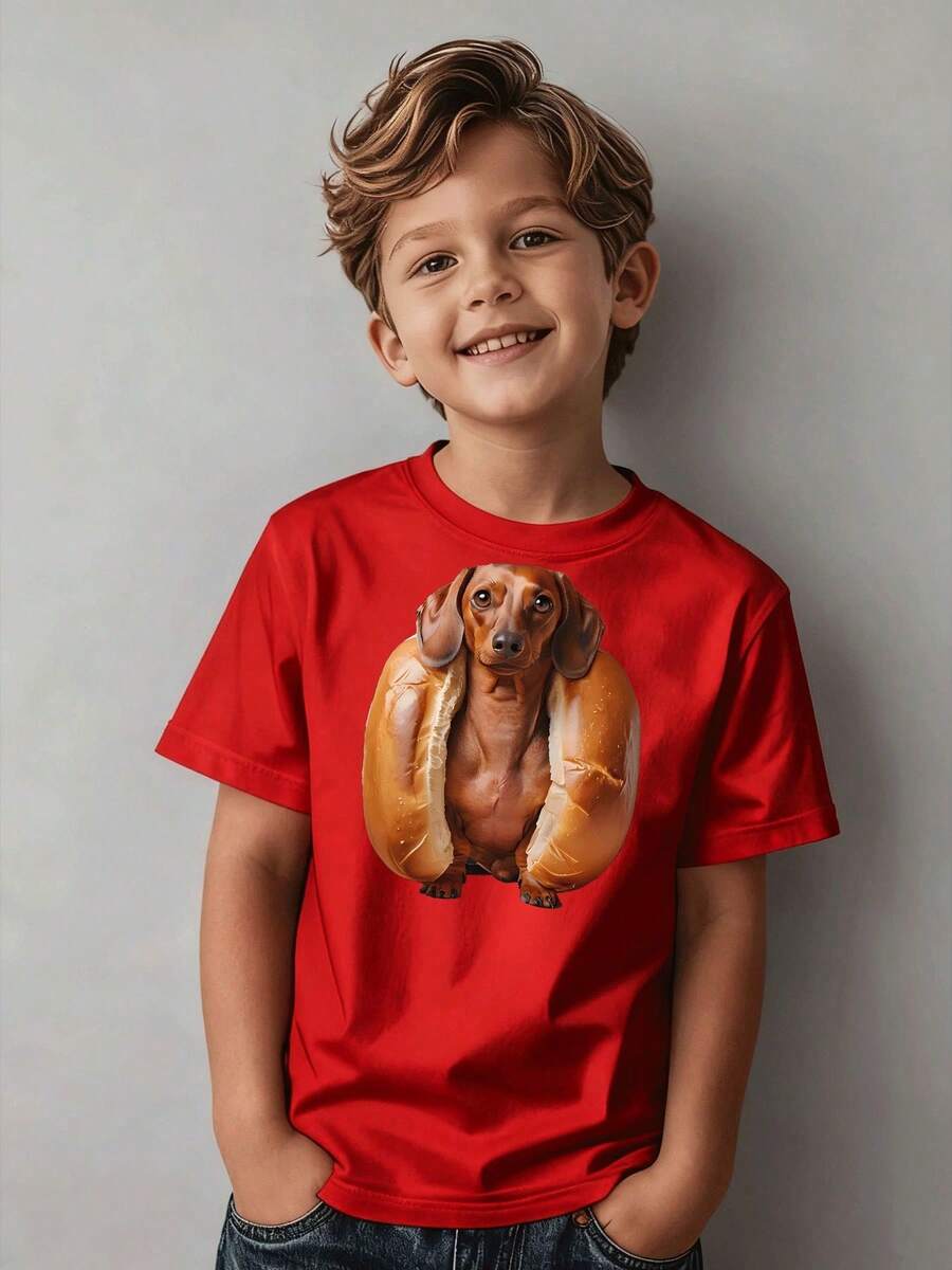 Short-Sleeved Children's Clothing, Casual And Fashionable T-Shirt With Sausage Dog And Hot Dog Bun Print, Suitable For Children Aged 5-13 Years, For Daily Wear, Holiday Gift. - 紅色 - 查看 1