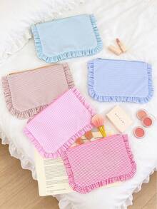 Korean Ins Cosmetics Bag Seersucker Striped Makeup Bag Ruffle Decor Make Up Bag Multi Color Zipper Cosmetic Storage Pouch Portable Travel Wash Bag - Multicolor - View 3