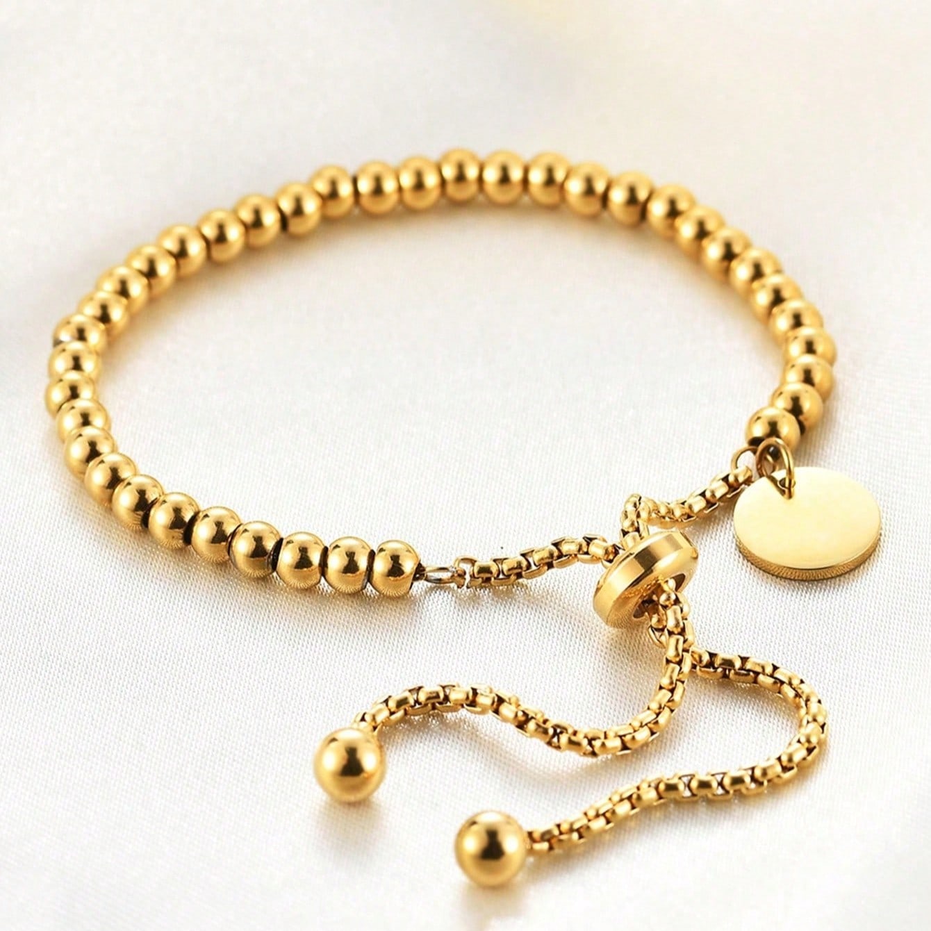 1pc Stainless Steel Beads Bracelet For Women, Adjustable Gold Color Jewelry, Personalized Polished Round Disc Bracelet