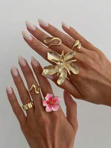 6pcs/Set Bohemian Ocean Style Asymmetrical Flower Oil Drop Rings Set, Women's Jewelry Accessories - Gold - View 3