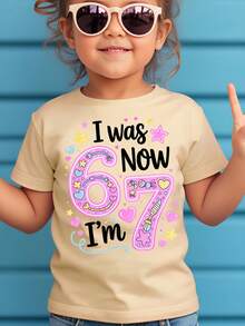 Creative And Sweet T-Shirt For Girls WML With Cartoon Print Of The Number 67 - Khaki - View 1