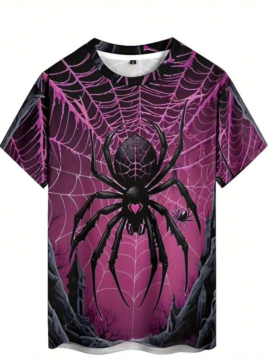 Camiseta unisex estilo hip-hop con estampado 3D de patrón de araña - Tejido de poliéster suave, ligero y transpirable, corte regular de manga corta, talla grande para hombre y mujer, atuendo - Negro - Ver 1