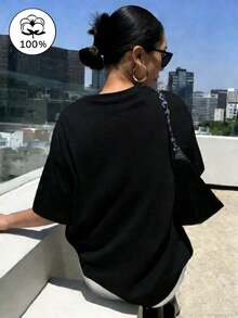 Women's 100% Pure Short-Sleeved T-Shirt With A Feminine Silhouette Print, Hooded, Loose And Fitted Cut, Ideal For Various Occasions Such As Daily Commutes, Casual Outings, - 黑色 - 查看 2