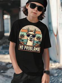 Boys' T-Shirt, Casual And Modern, Summer Fashion With Alpaca Print, Sunglasses And Palm Trees In Retro Sunset Style, For Children Aged 5 To 13 Years, No Problematic Prints, Gift - 灰色 - 查看 7
