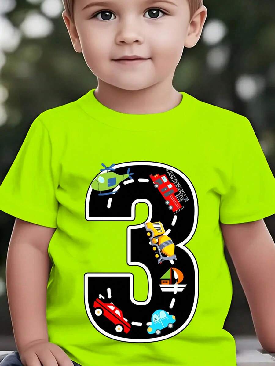 Fashionable Short-Sleeved T-Shirt For Children In Summer With Cartoon Prints Of The Number 3, Cars, Helicopters, Boats, Etc. Casual Outdoor Top NY-DX9726 - 軍綠色 - 查看 1