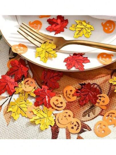 200Pcs Halloween Maple Leaf And Pumpkin Confetti, Glitter Maple Leaf Confetti Table Decor, Party Confetti For Tossing, Perfect For Fall Weddings, Home Table Decor, Halloween, Thanksgiving, Birthday Parties, And Fall Decor