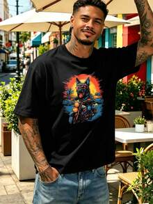 Herren-T-Shirt mit "Dog Rider"-Grafik, Schwarz, Premium-Baumwolle, lockere Passform, lässig, bequem, Grafikdesign. - Schwarz - Übersicht 1