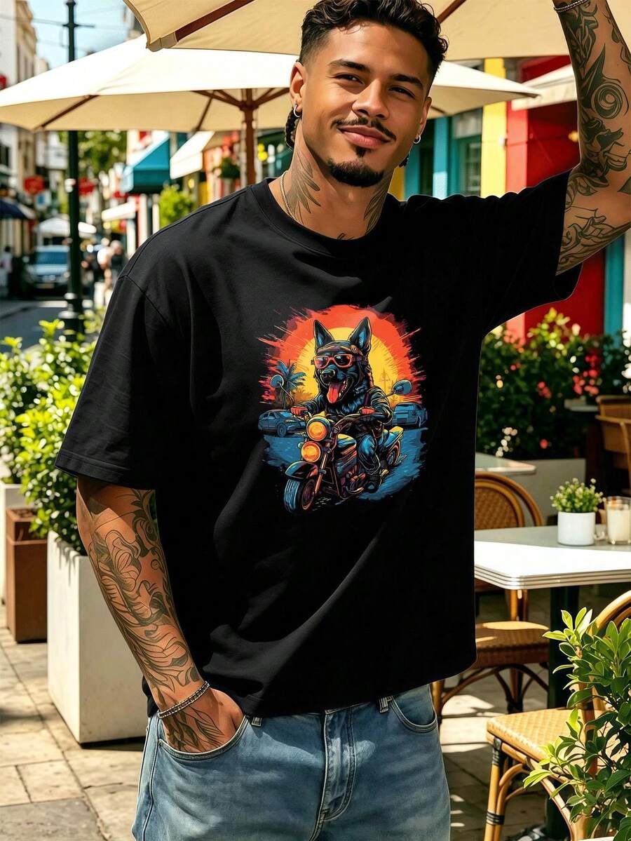 Herren-T-Shirt mit "Dog Rider"-Grafik, Schwarz, Premium-Baumwolle, lockere Passform, lässig, bequem, Grafikdesign. - Schwarz - Übersicht 1
