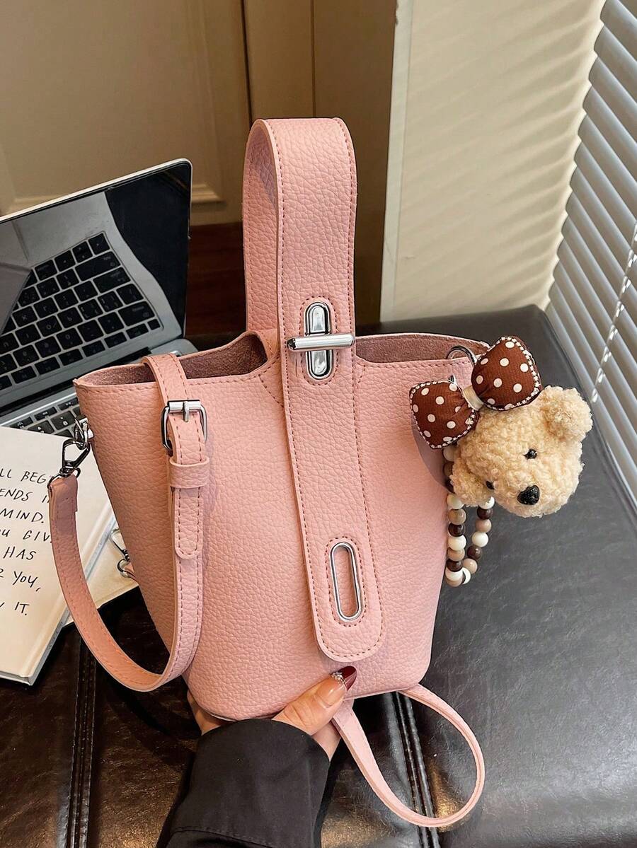 Nueva bolsa de cubo de cuero suave de moda con dije desmontable, bolso de mano versátil de unicolor de dopamina de alta gama y con estilo, diseño de nicho europeo y americano, bolso de tote - Rojo - Ver 1
