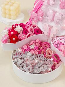 167件桃粉色可愛女孩髮飾套裝，包含緞帶蝴蝶結髮夾、雙層亮片蝴蝶髮夾、珍珠花側夾、水鑽鏤空不織布鱷魚夾、星星按扣夾、迷你抓夾、純色泡泡毛巾荷葉邊彈性髮圈，適合女孩日常、派對、旅行使用 - 彩色 - 查看 8