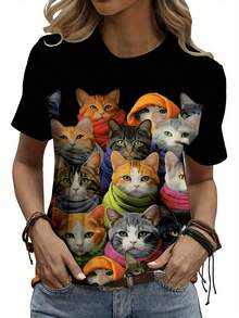 Camiseta casual de manga corta para mujer con un divertido estampado de gato de dibujos animados y diseño de bufanda colorida - elasticidad media, cuello redondo, corte regular, lavable a má - Negro - Ver 1