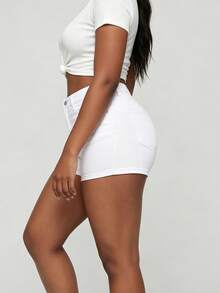 New In Curve Plus Size Women Solid White Stretch High Waist Denim Mini Shorts Hip Lifting Summer Casual Basic Jean Shorts For Female - 白色 - 查看 2