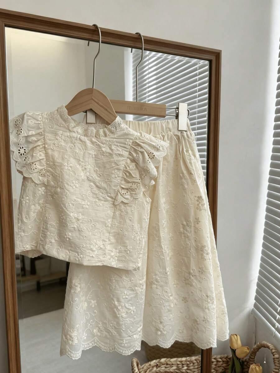 M.Dian xi Girls' 2pcs Set Summer New Korean Style Elegant Mori Style Flutter Sleeve Blouse And Thin Skirt - Beige - View 1