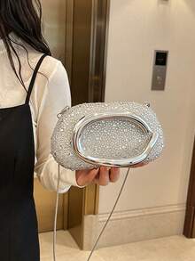 Women's Rhinestone Rounded Rectangular Evening Clutch, Front Curved Oval Handle Handbag, Fashion Crossbody Bag, Suitable For Wedding, Ball, Valentine's Day Party - Silver - View 2