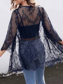 Cárdigan largo de talla grande para mujer con tapeta frontal de encaje. - Color azul marino - Ver 3
