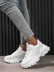 Women's Minimalist New Comfortable Lace-Up Thick Sole Casual Running Shoes, Versatile Personalized Outdoor Street Sports Shoes - White - View 2
