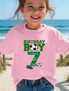Boy's Number 7 Birthday Party T-Shirt, Featuring A "Birthday Boy" Print In Green Lettering, A Casual Short-Sleeved Sporty Style With Stadium Numbers And A Soccer Ball Design. - 紅色 - 查看 3