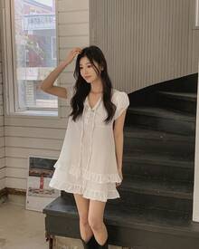 New Korean-Style Summer Collection For 2026: A Sweet And Gentle Mini Dress With Double Ruffles And A Ribbon Tie, Featuring A Half-Open Collar. - White - View 8