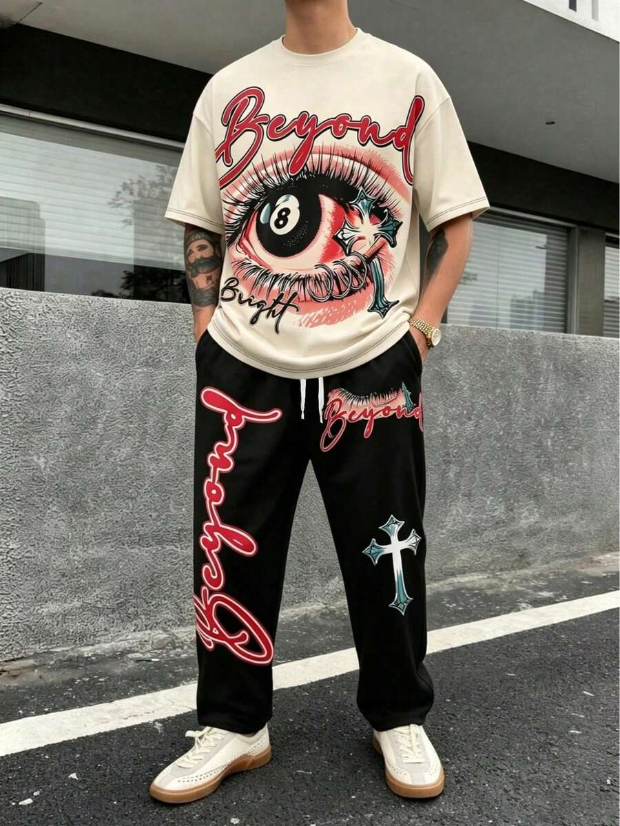 男士复古超越图案印花休闲短袖上衣和阔腿裤套装 - 彩色 - 查看 1