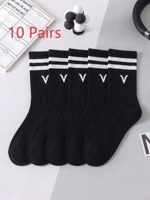 1/5/10/20 Pairs Black Letter Mid-Calf Socks, Striped Cuff Knitted Casual Street Style Mid-Calf Socks, Minimalist Yet Designed Overall Style, Suitable For Daily Commute, Casual Wear, Theme Parties, Holiday Gifts, Home Wear, Relaxed Style - Multicolor - View 17