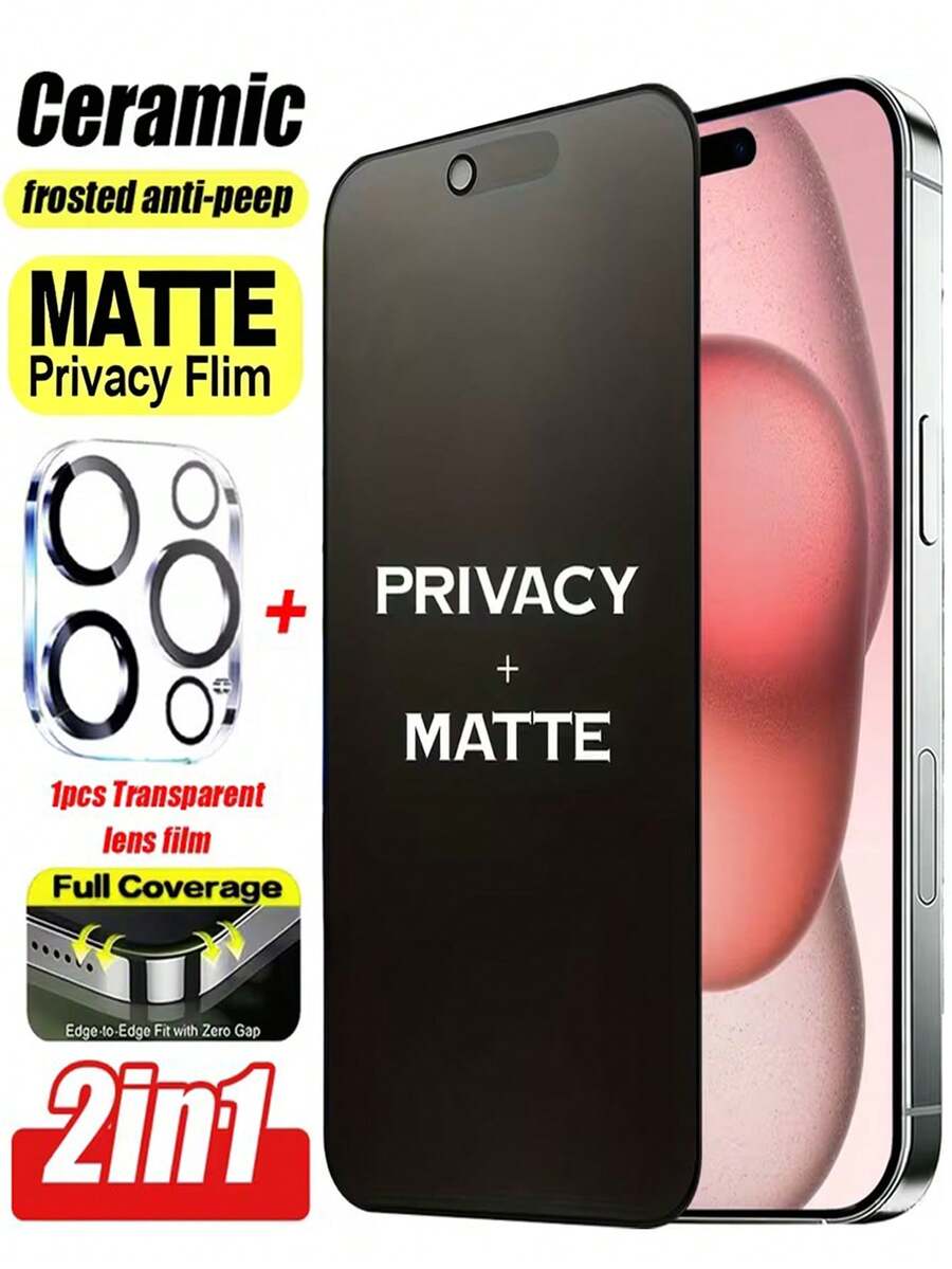 1pc Ceramic Matte Privacy Screen Protector + 1pc Camera Lens Protector, Compatible With IPhone 18 Pro 18 Pro Max 17 Pro Max 17 Pro Air 17 16 Pro Max 16 Pro 15 Pro Max 15 Pro 14 13 12 11, Privacy Protection Design - Black - View 1