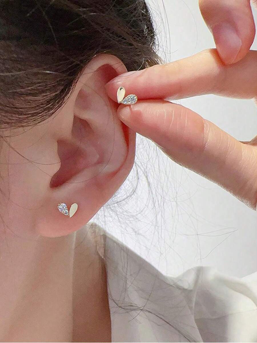 1 对简约时尚 S925 纯银心形方晶锆石耳钉，适合女性日常佩戴和礼物 - 心形 - 查看 1