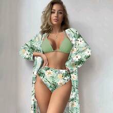 Conjunto de Baño 3 Piezas Estampado Tropical Flores y Piñas, Bikini Halter Negro Liso, Braguita Alta Cintura + Kimono Largo Estampado para Playa y Piscina - Amarillo - Ver 8
