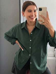 Loose-Fitting Long-Sleeved Shirt With Pockets And Buttons, Women's Multi-Season Casual Blouse For Spring And Autumn, Suitable For Business And Professional Workwear. - Dark Green - View 1