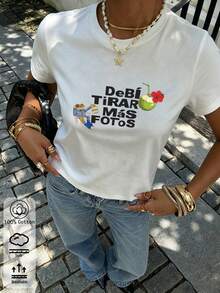 夏季新款圓領 DTMF 圖案修身正肩 T-shirt，度假旅行沙灘穿搭 - 白色 - 查看 6