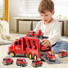 Camiones de Juguete para Niño 7 en 1, Carros para Niños con Luz y Sonidos, Carros de Bomberos con Camiones de Transporte de Inercia, 5 Mini Coches y 1 Avión, Juguetes Regalo para Niños 3-10 Años - Amarillo - Ver 11