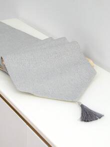Camino de mesa minimalista de color gris puro con textura y ribete de borlas, tela decorativa de estilo moderno neutro para mesa de comedor, adecuada para todas las estaciones, aplicable a mesa de comedor, mesa de café, consola de entrada, tocador y entrada - Ceniza - Ver 6