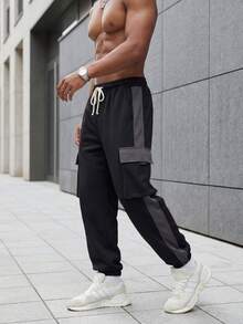 Men's Colorblock Patchwork Cargo Jogger Sweatpants With Drawstring Waist, Multi-Pockets, High Street Casual Sports Long Pants - Black - View 8