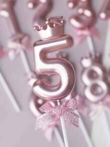 3D皇冠蝴蝶結0-9數字生日蛋糕蠟燭，生日派對裝飾插蠟燭 - 粉色 - 查看 6