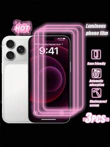 3片裝粉色螢光HD鋼化玻璃螢幕保護貼，相容 iPhone 17 Air 16 15 14 13 12 11 X/XS Pro Max 系列，夜貓族必備 - 螢光膜 - 查看 2