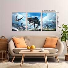 Framed, Printed Painting, 3pcs Wooden Frame Canvas Dinosaur Posters Fantasy World Landscape Decoration, Yellow Wooden Frame, HD 8K Waterproof Printing, Perfect Gift For Home, Office, Living Room, Bedroom Wall Art, Odorless, Durable - Framed - View 5
