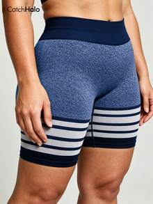 Plus Size Seamless Cycling Shorts For Women, Striped Contrast High Waist Tummy Control Butt Lifting, High Stretch Gym Yoga Biker Shorts, Summer Sports - Multicolor - View 4