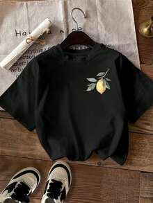 Women's White T-Shirt, 100% Cotton, Round Neck, Small Print On Left Chest: Lemon With Minimalist Watercolor Leaves, Lightweight Basic T-Shirt For Everyday Wear, Ships From Mexico - 黑色 - 查看 1