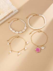 4pcs/Set White Pearl Tassel Starfish Pendant Anklet, Gold Multi-Layer Design, Women's Foot Jewelry, Suitable For Daily Wear And Vacation. - Multicolor - View 2