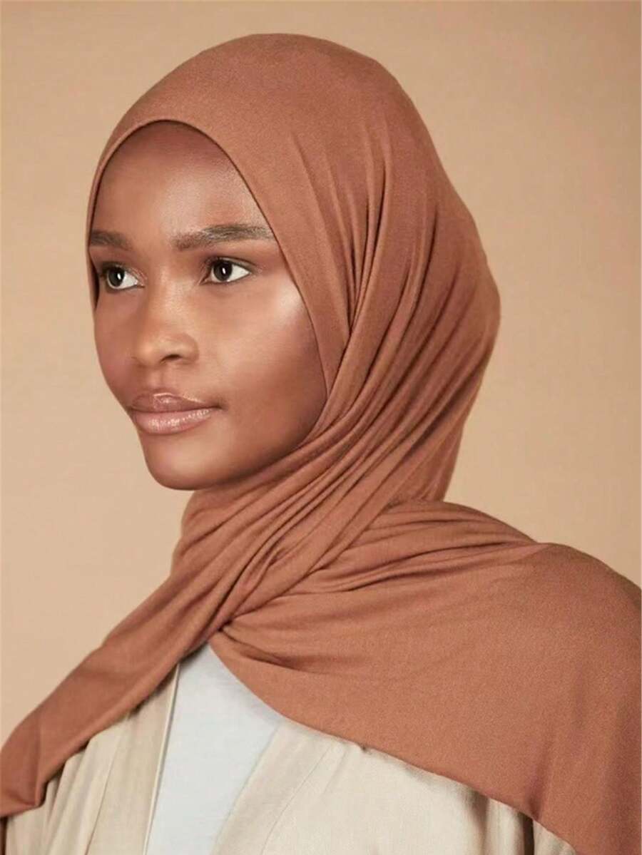 1 Piece Of Solid Color Soft Jersey Hijab, Pure Long Scarf For Women. - Coral Orange - View 1