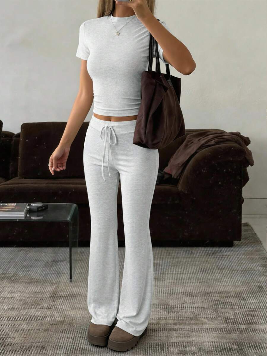GAOVOT Women's Y2K Style Summer Sports Casual Set, Including Solid Color Crew Neck Short Sleeve T-Shirt And Slim Straight Leg Pants Elegant - Grey - View 1