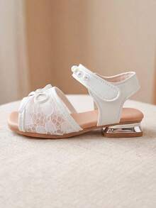 Girls Fairy Style Dress Sandals [Lace Bow Pearl Back Strap Heel] White Flower Girl Party Church Shoes - Beige - View 3