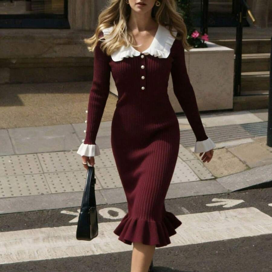 Long Knitted Dress Autumn Winter New Design Retro Style Elegant Feminine With Ruffles Fashion For Women - 紅色 - 查看 1