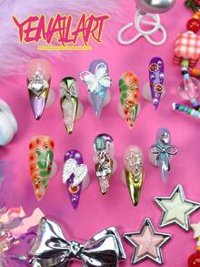 10pcs Press On Nails Acrylic Stiletto,Nude Pink,Purple,Royalblue,French Tip,Gold Green ,Star,Blooming Butterfly,Start,Wing,Bow,Nordic Full Cover False Nails Set,Summer Nail Supplies For Daily,Vacation,Holiday,Nail Art For Girls & Women - Multicolor - View 2