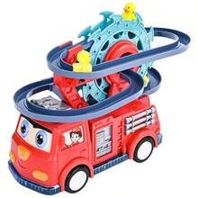 Coche de juguete para niños de gran capacidad con pista de ensamblaje multifunción, coche eléctrico con dinosaurio Tiranosaurio, Triceratops, pato amarillo y camión de bomberos, pista con bucle y tobogán, luces de colores, música dinámica, giro automático, evitación de obstáculos, deslizamiento omnidireccional, juguete educativo divertido e interactivo para niños, regalo adecuado para bebés de 2 años en adelante, regalo de cumpleaños y vacaciones (requiere 3 pilas AA) - Multicolor - Ver 14