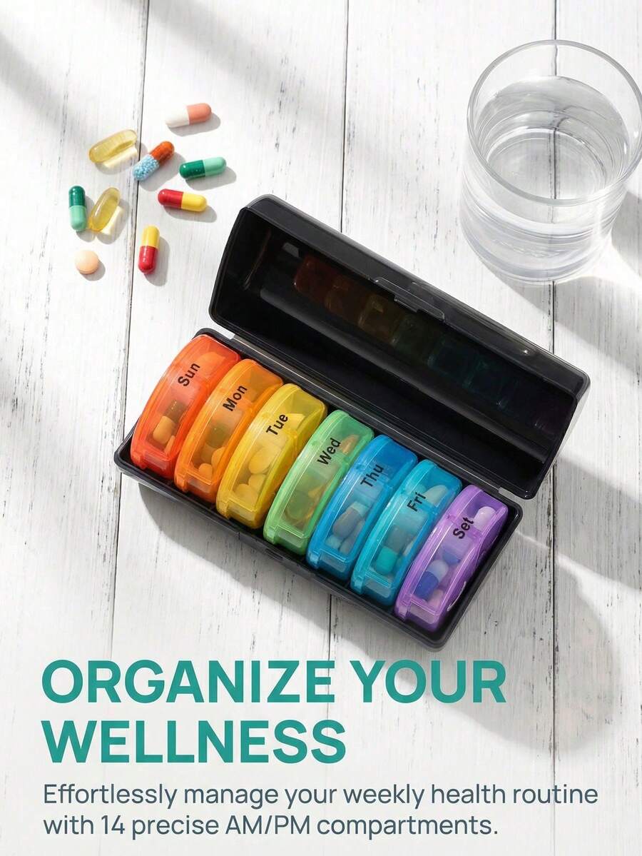 7-Day Portable Round Pill Box Set (7 Individual Pill Boxes + 1 Storage Box), Multi-Color Travel Pill Box With Compartments, Convenient For Organizing Morning And Evening Medications, 14-Compartment Black Pill Box Storage Box, Portable Pill Box - View 1