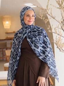 1PC Women's Bohemian Style Fashion Leopard Print Headscarf, Street Versatile Soft Breathable Scarf, Suitable For Daily Wear - Blue and Black - View 3
